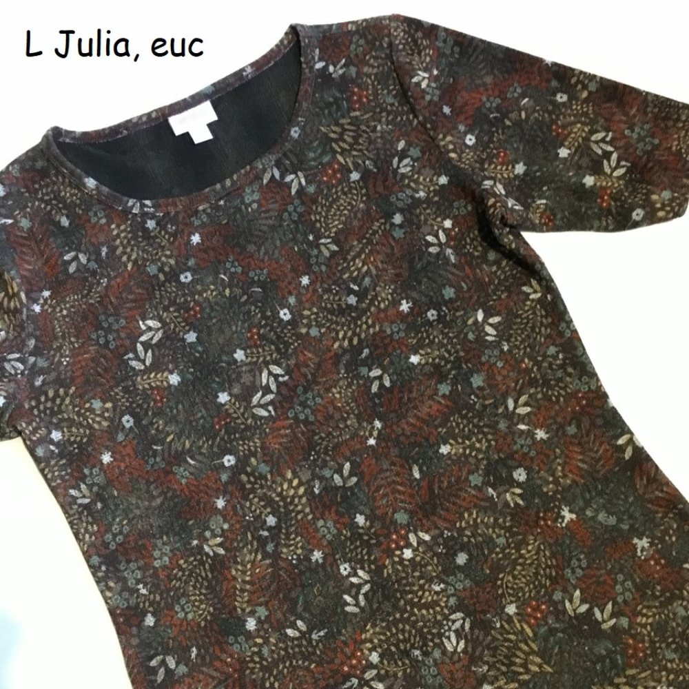 L Lularoe Julia sheath dress, brown with leaves
